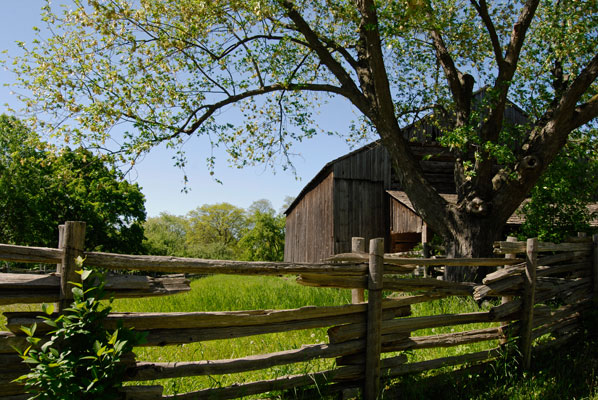 scenic view of rail fenced paddock and wood barn at Black Creek Pioneer Village
