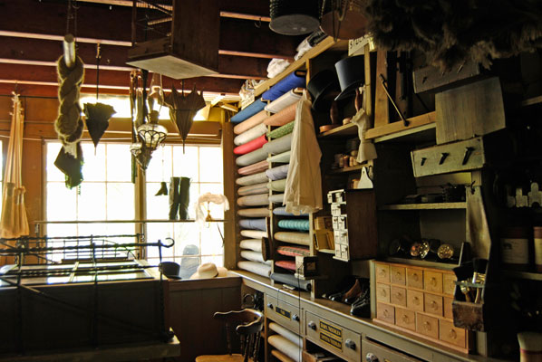 bolts of fabric and other supplies in the emporium at Black Creek Pioneer Village