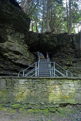 stairs through a hole in the rock of the Elora gorge