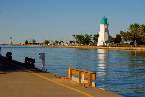 lighthouses across the water seen from the pier in Lakeside Park