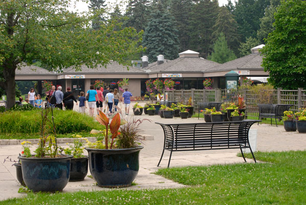 a group of visitors walks towards the Butterfly Cafe at the Botanical Gardens