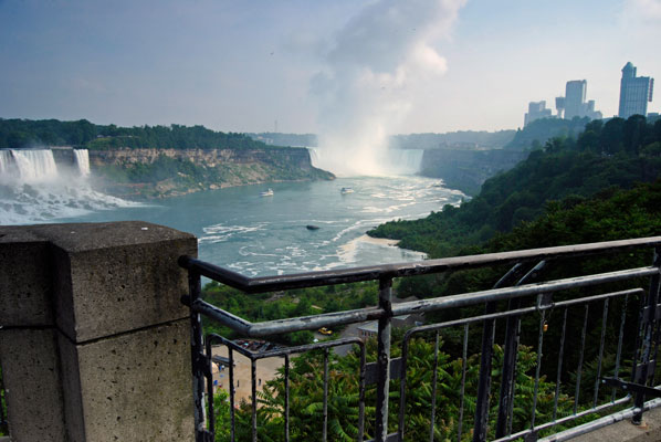 a view of the American and Horseshoe Falls from behind the railing